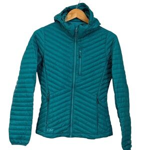 Outdoor Research DownJacket Womens S Teal Pertex Quantum Hooded Puffer
Duck Down